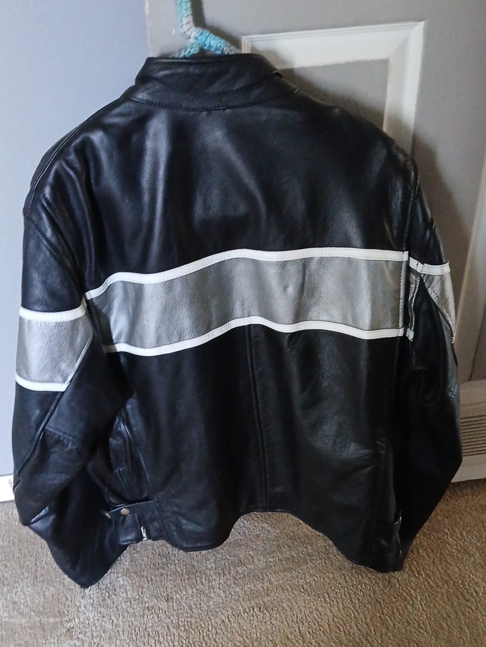 Zara Black Leather Bomber Jacket with Gray Stripes - Picture 2 of 3